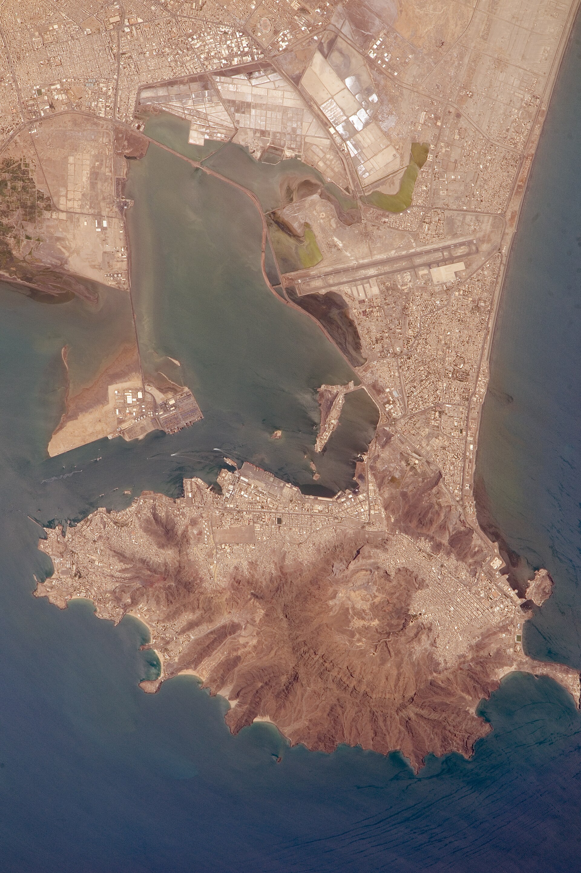 Port of Aden, Yemen photographed from the International Space Station — Aden sits at the eastern approach to the Red Sea and the northern entry to the Gulf of Aden, 150 miles east of Bab el-Mandeb