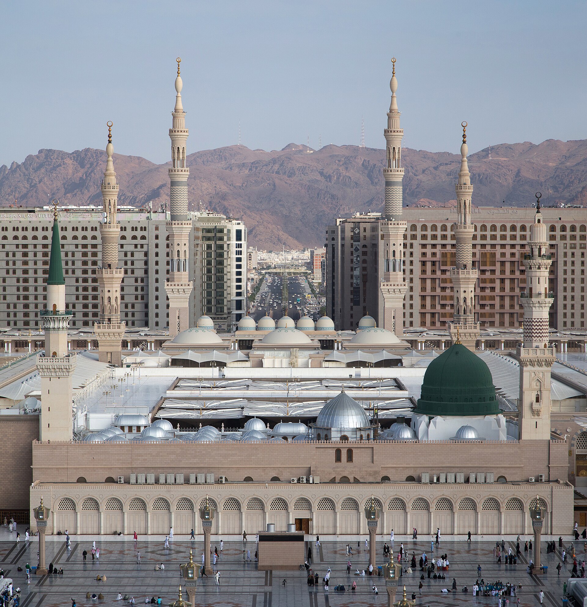 Aerial view of the Prophet's Mosque (Masjid an-Nabawi) in Medina with its green dome and minarets