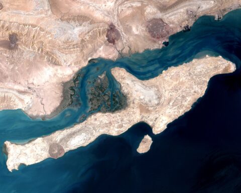 Qeshm Island in the Strait of Hormuz, the IRGC-controlled northern shipping corridor, photographed by NASA satellite