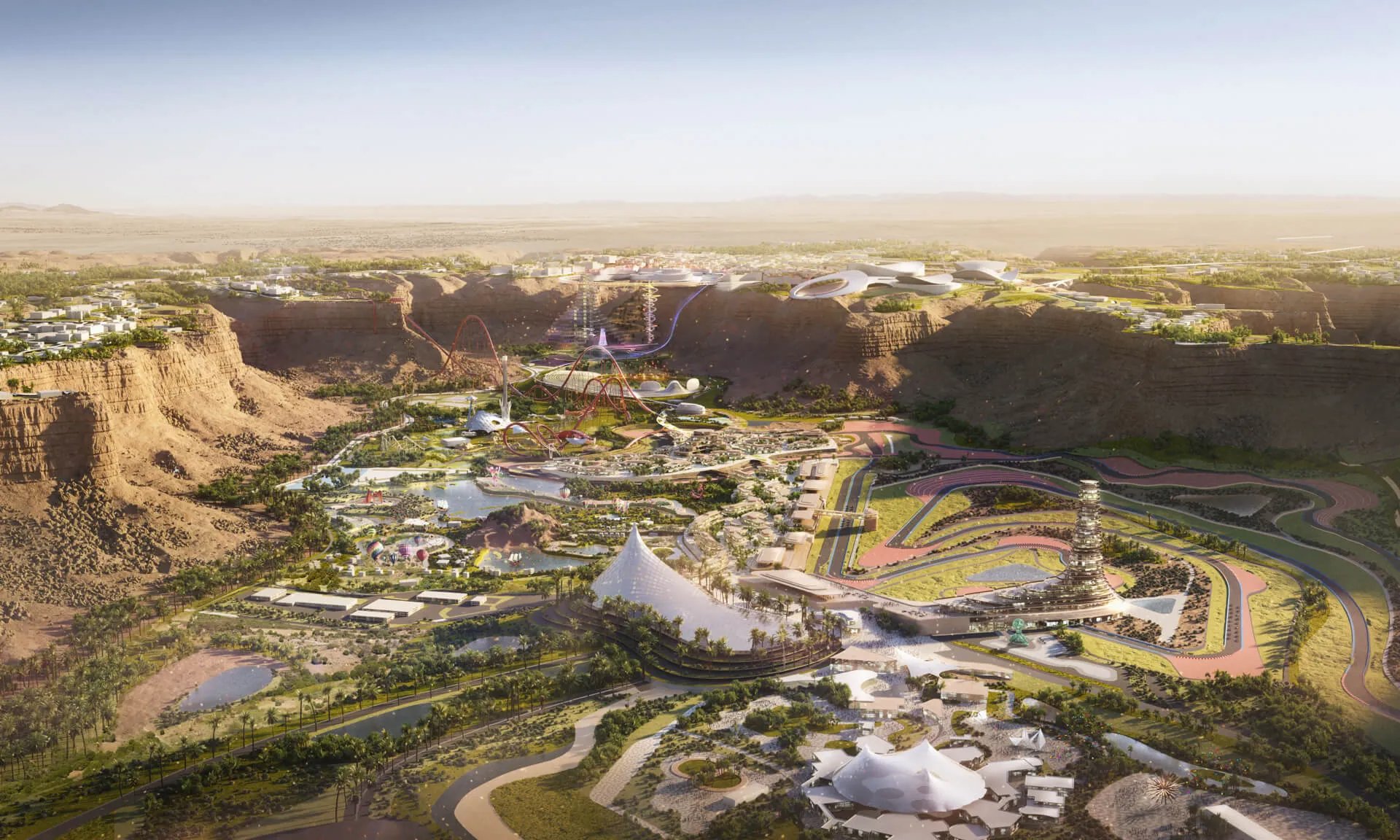 Aerial concept illustration of Qiddiya City showing the full entertainment district with desert cliffs and green landscaping