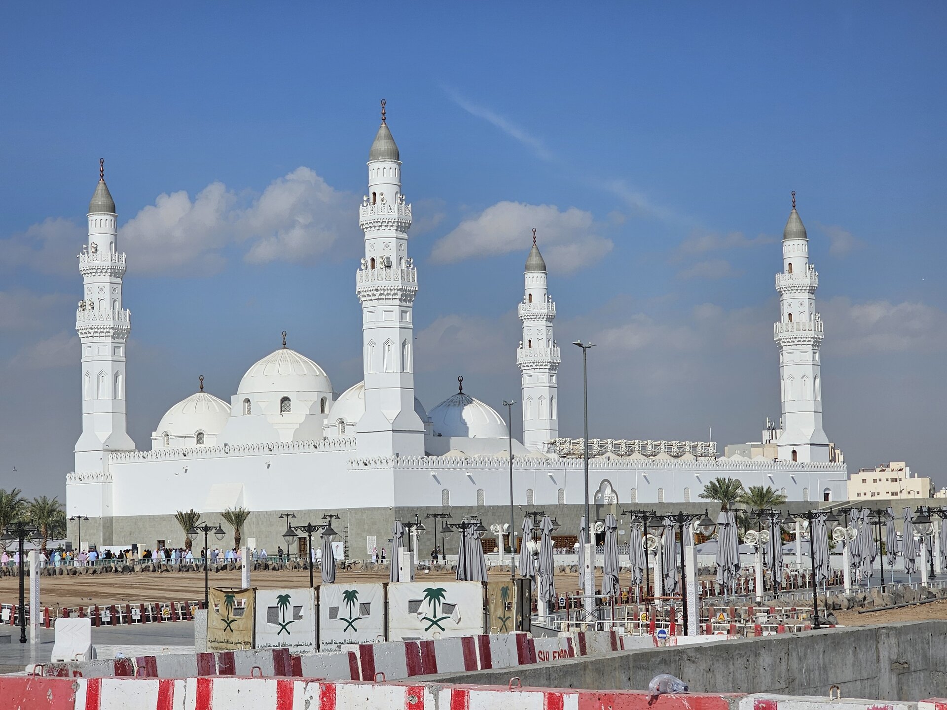The newly renovated Quba Mosque in Medina, the first mosque built in Islam, with white architecture and six minarets