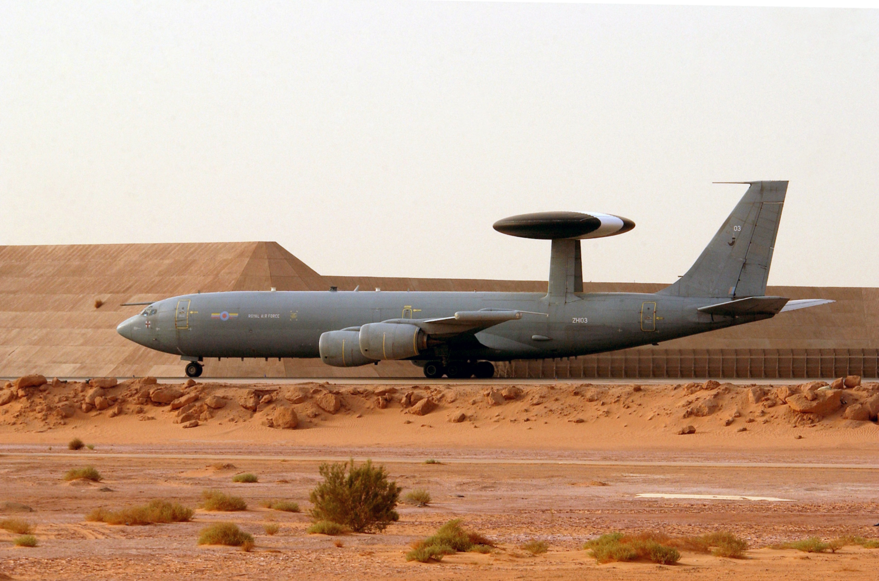 RAF Boeing E-3D Sentry AWACS aircraft prepares to take off from Prince Sultan Air Base in Saudi Arabia, March 2003, deployed to the US Air Force 363rd Air Expeditionary Wing