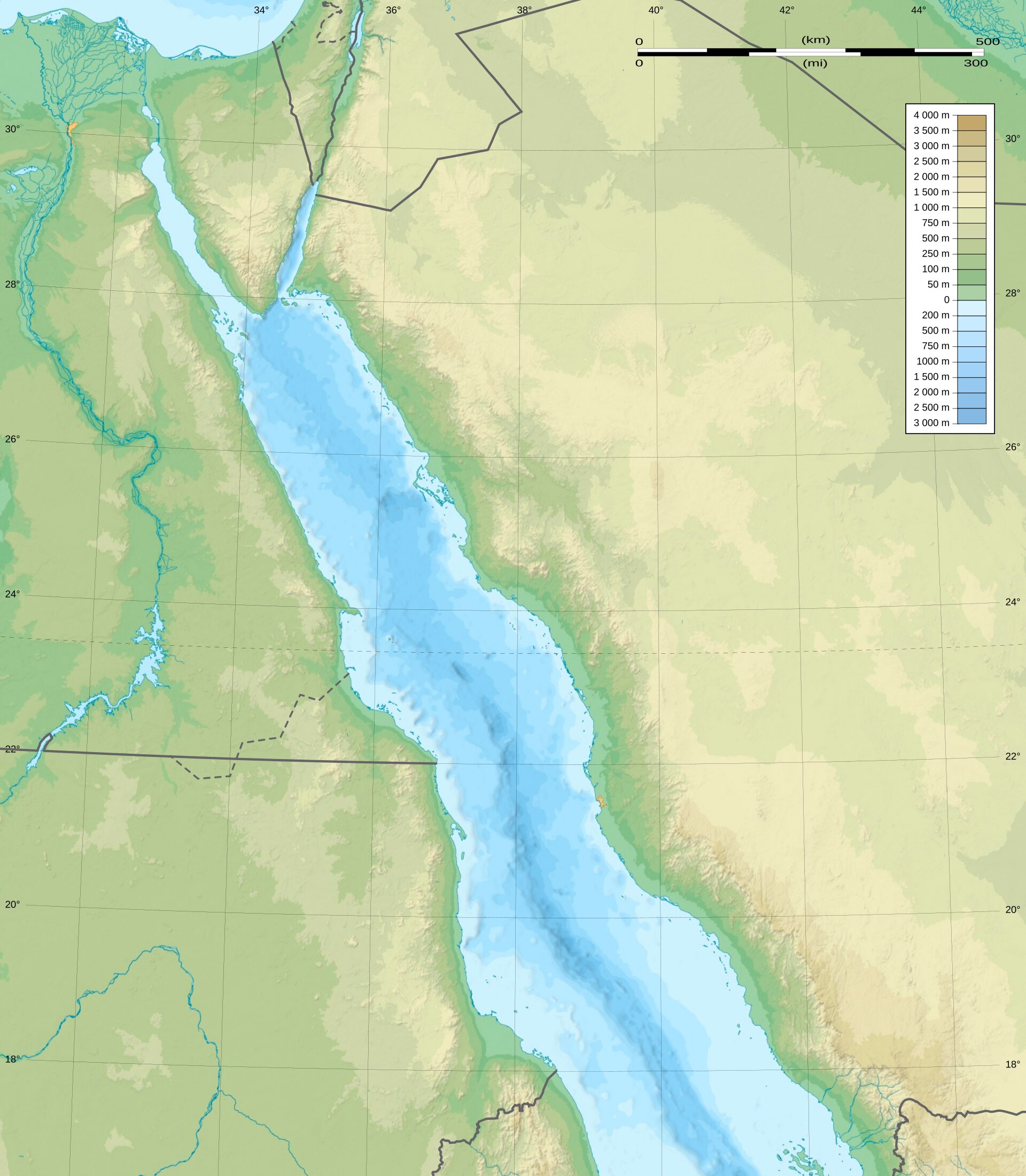 Red Sea topographic relief map showing Sudan coast opposite Saudi Arabia, strategic waterway
