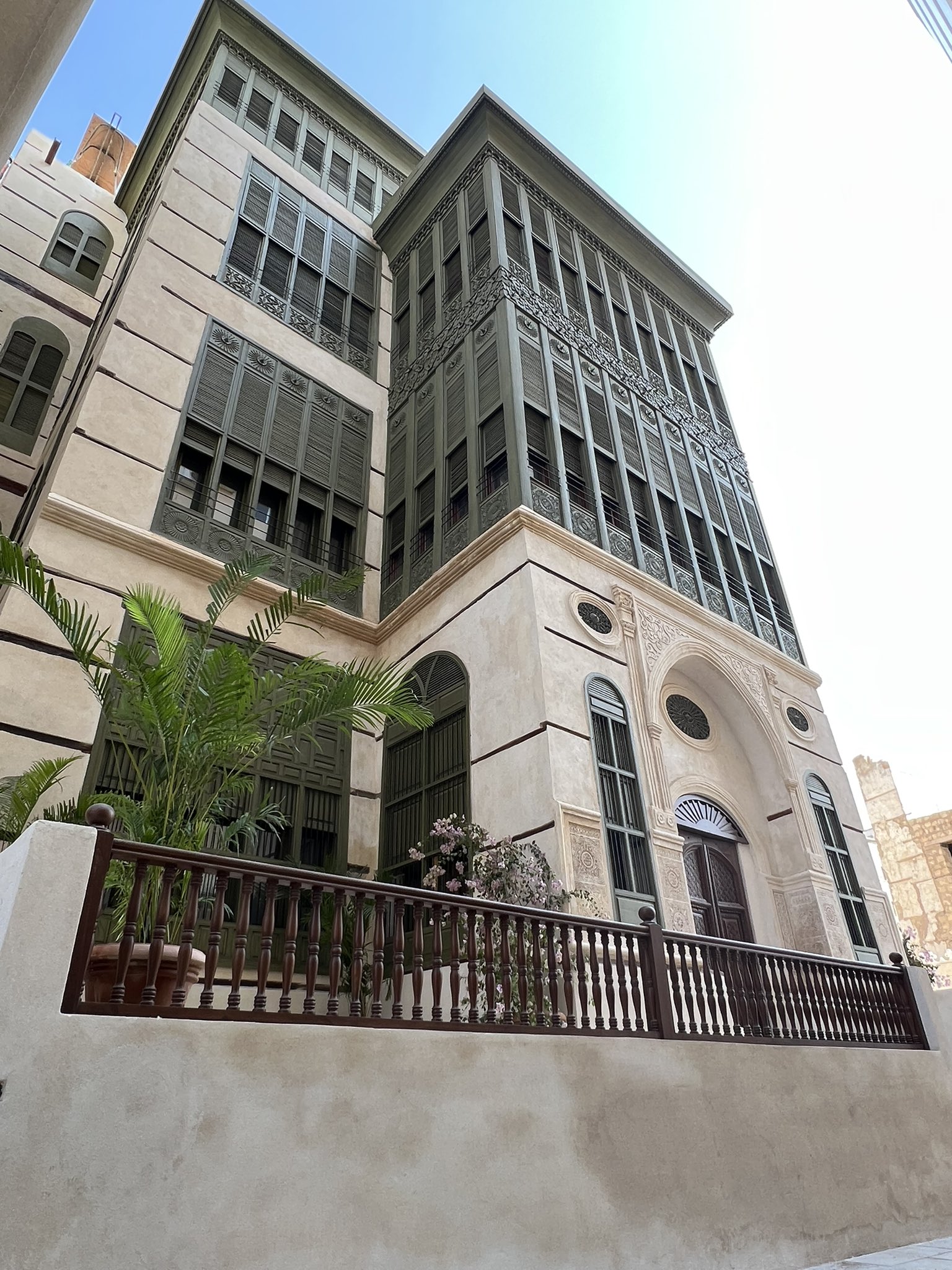 Traditional coral-stone buildings with wooden mashrabiya balconies in Al-Balad historic quarter, Jeddah
