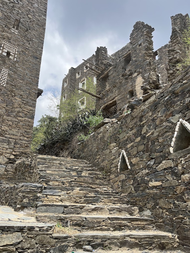 Stone staircase and multi-storey heritage buildings at Rijal Almaa village in Asir, Saudi Arabia