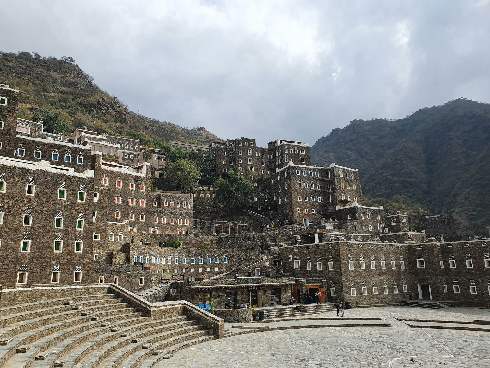 Colourful traditional stone buildings of Rijal Almaa heritage village in Asir Province, Saudi Arabia