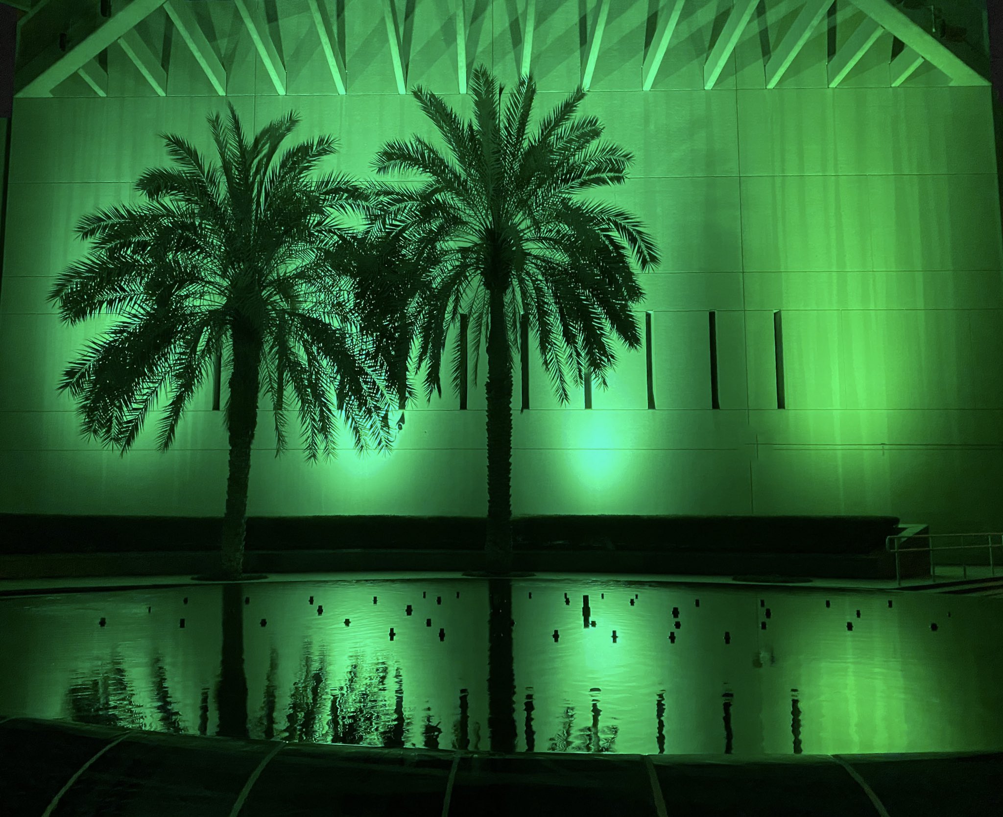 Building in Riyadh illuminated in green with palm trees for Saudi National Day celebrations