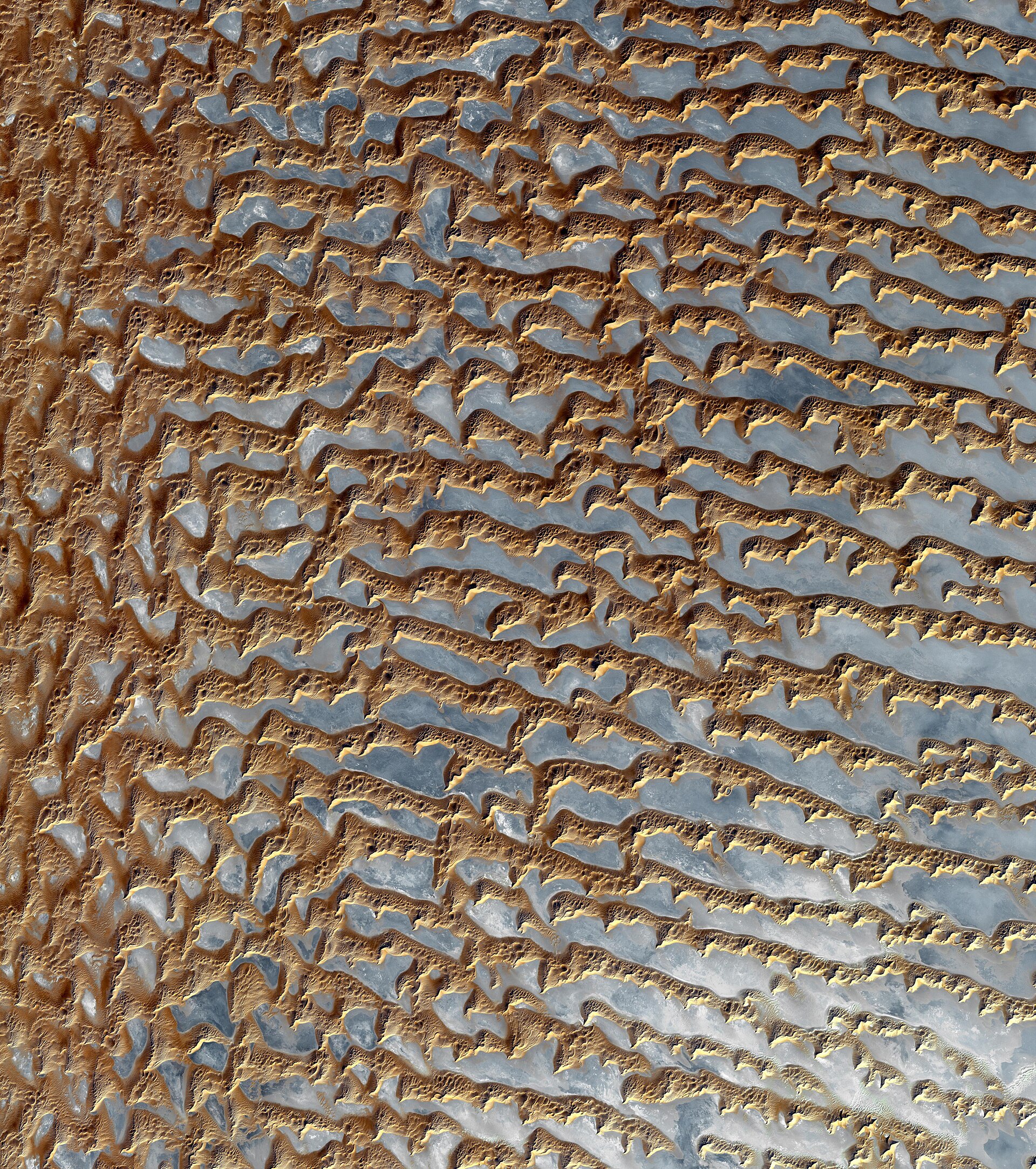 NASA ASTER satellite image showing star dunes, longitudinal dunes, and transverse dune formations in the Rub al Khali
