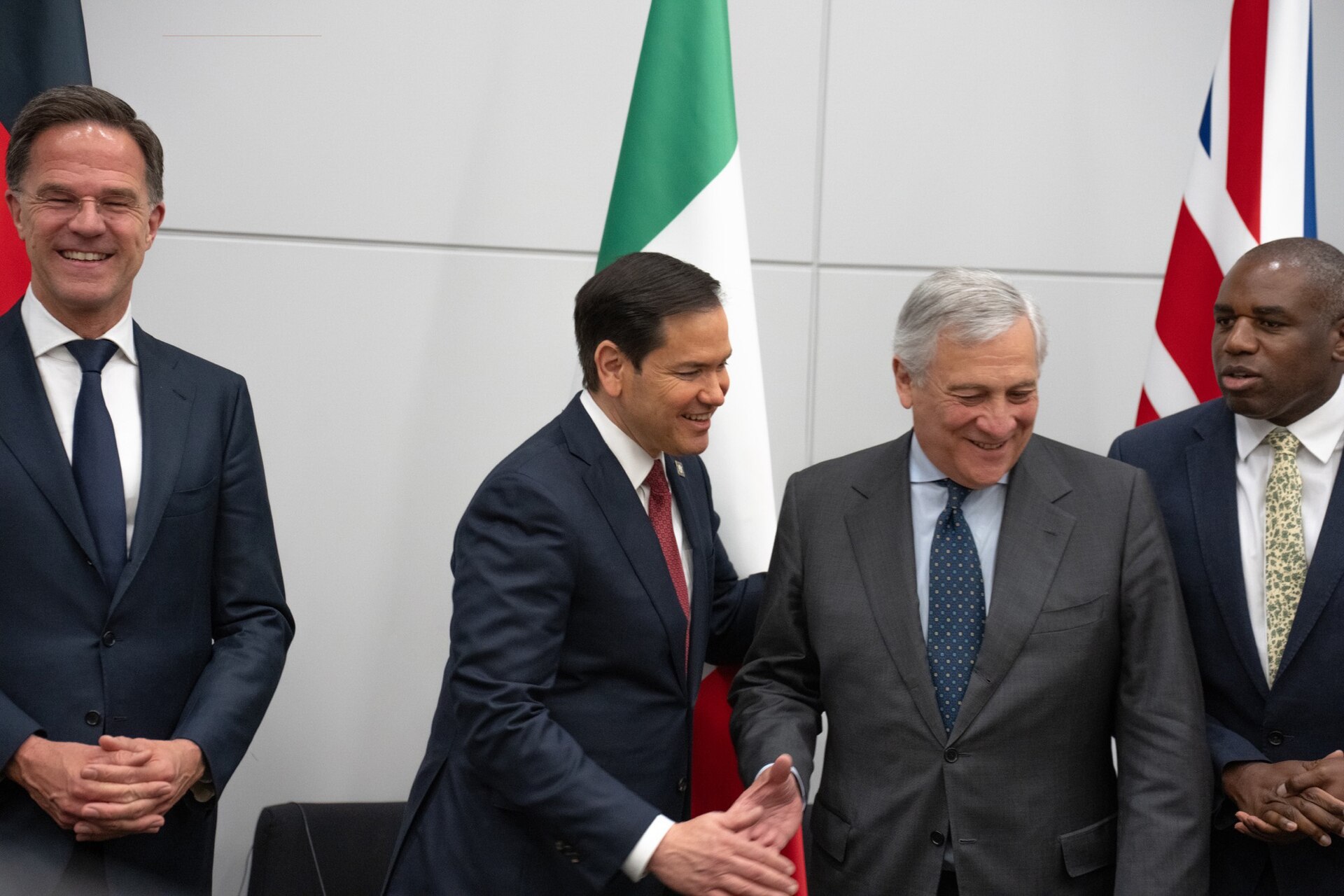 US Secretary of State Marco Rubio meets with European Quint counterparts and NATO Secretary General Mark Rutte in Brussels, with UK Foreign Secretary David Lammy at right, April 2025