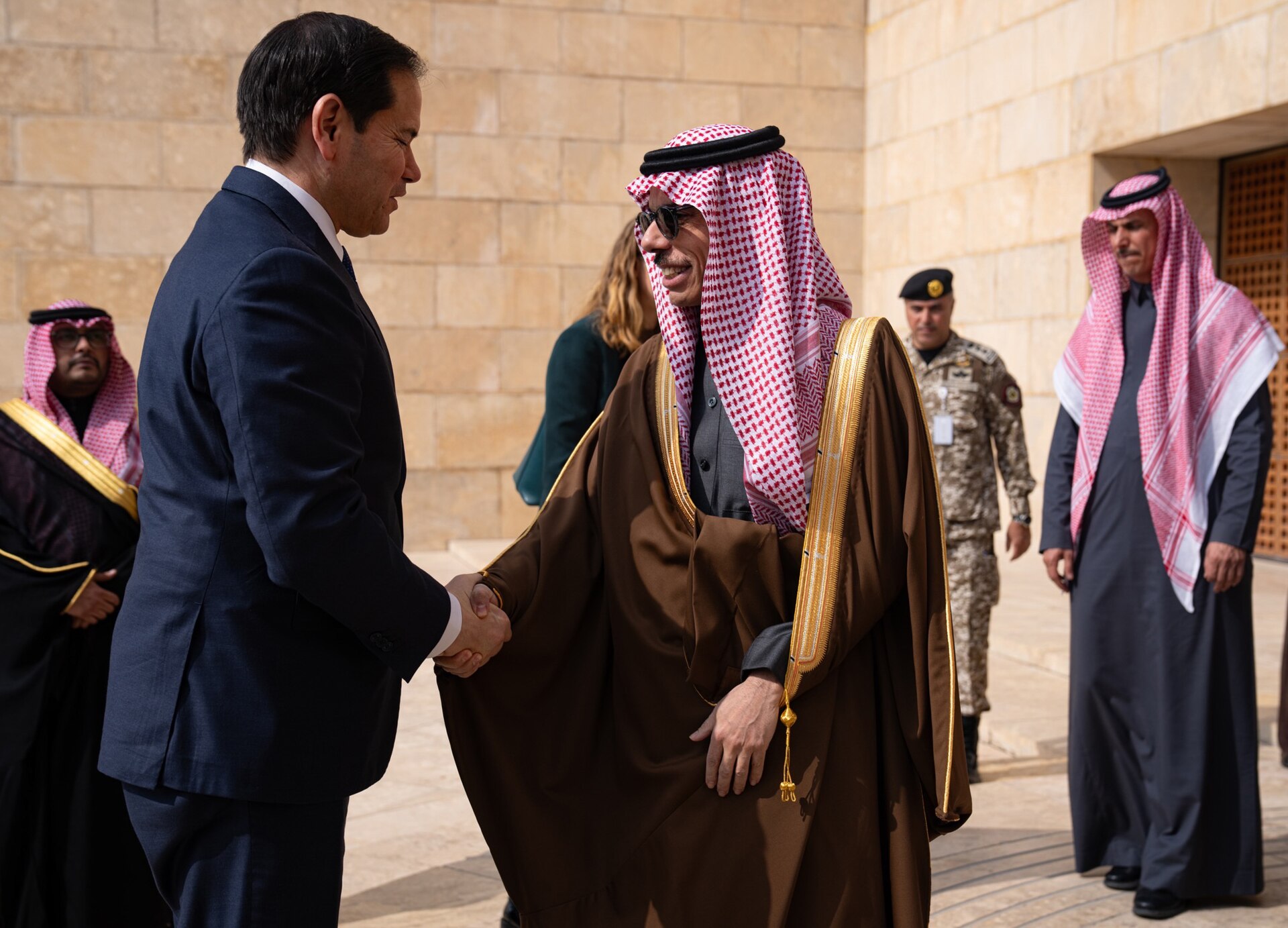 Secretary of State Marco Rubio shakes hands with Saudi Foreign Minister Prince Faisal bin Farhan Al Saud at the Ministry of Foreign Affairs in Riyadh, February 2025
