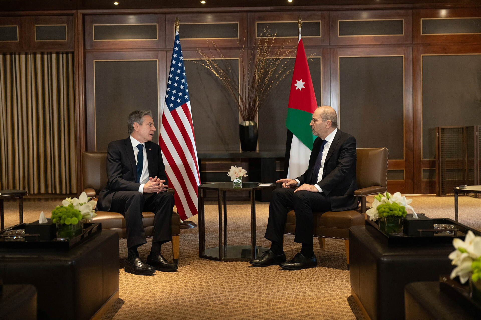 Jordanian Deputy Prime Minister and Foreign Minister Ayman Safadi in a bilateral diplomatic meeting in Amman — Jordan was one of four capitals Faisal called on April 26, 2026