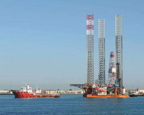 Sagadril-1 jack-up oil rig at Abu Dhabi Corniche port, UAE