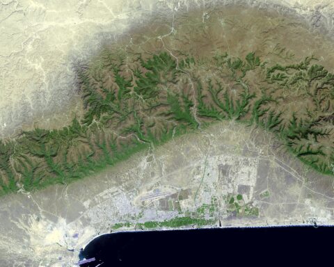 NASA ASTER satellite view of Salalah, Oman, showing the port facility and Arabian Sea coastline