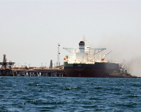 Commercial supertanker AbQaiq positioned at an offshore crude oil loading terminal in the Arabian Gulf, 2003