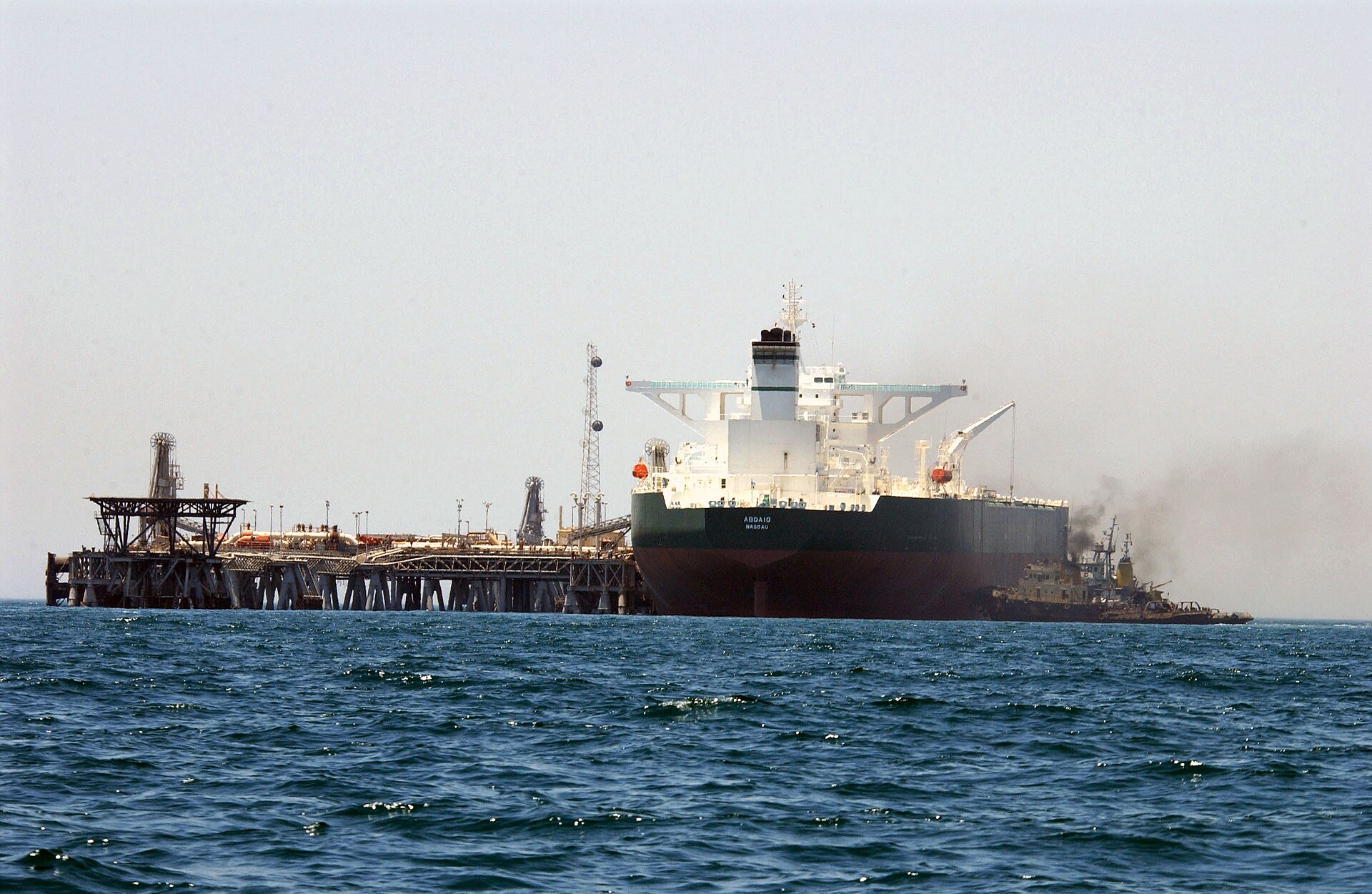 Commercial supertanker AbQaiq positioned at an offshore crude oil loading terminal in the Arabian Gulf, 2003