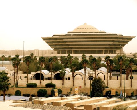 The Saudi Ministry of Interior building in Riyadh — the distinctive saucer-shaped complex where Saudi security and diplomatic decisions are coordinated