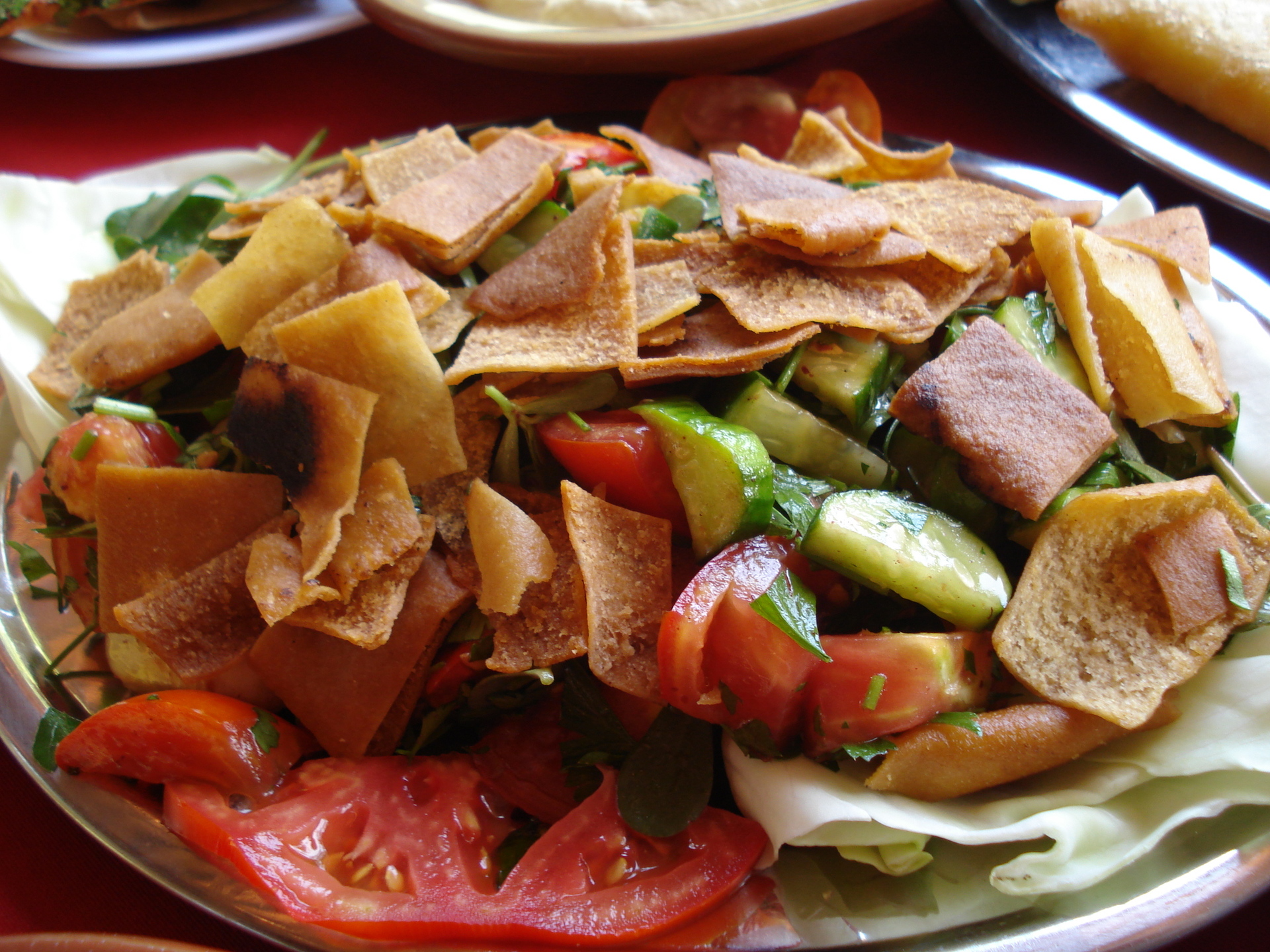 A plate of fattoush salad with crispy fried pita bread, tomatoes, cucumber, and herbs