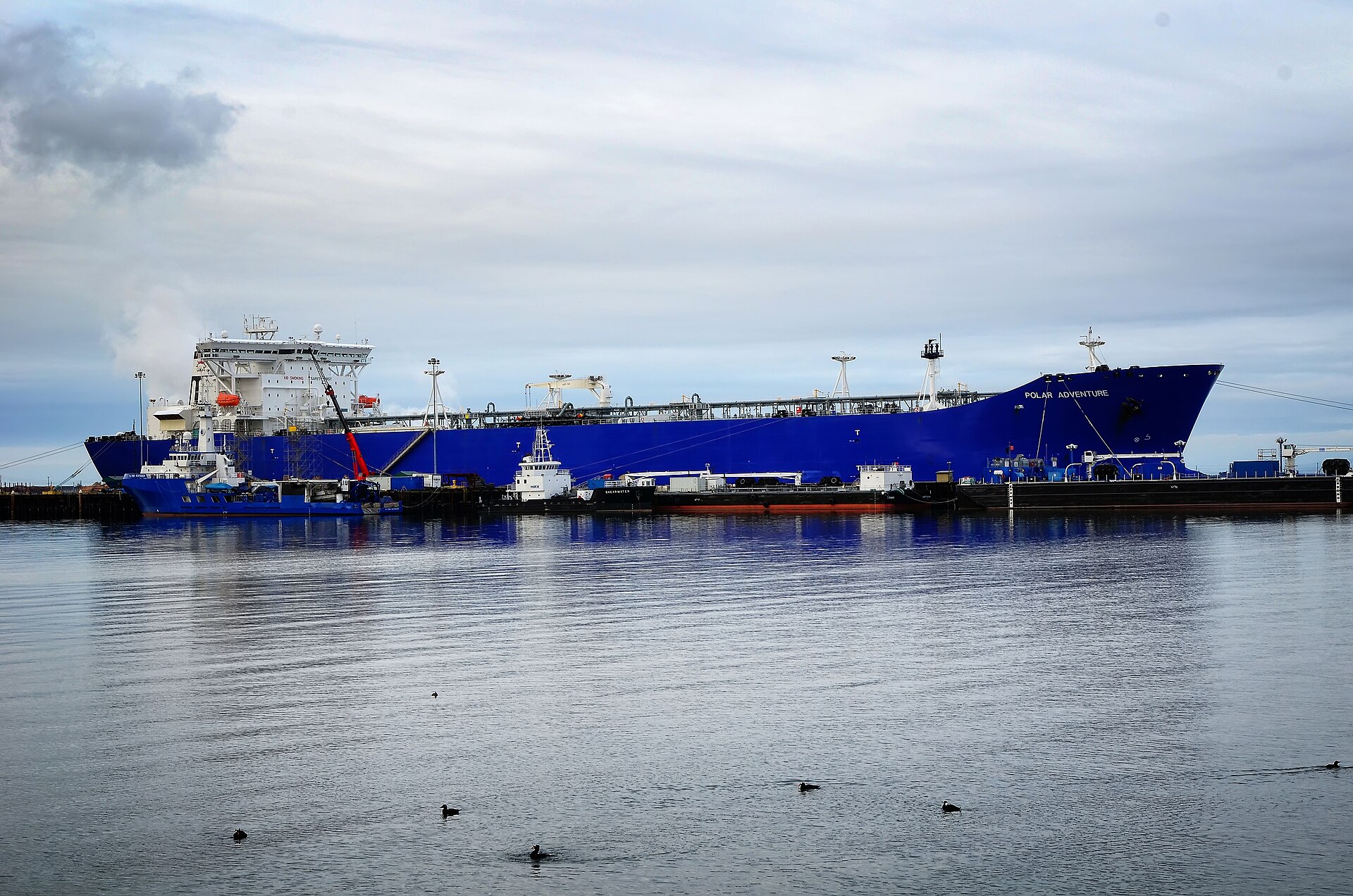 Large crude oil tanker at berth with support vessel alongside — the type of aframax and VLCC tonnage listed in Treasury SB0472, which designated approximately 40 shadow-fleet ships and firms moving Iranian crude, LPG, and petrochemicals