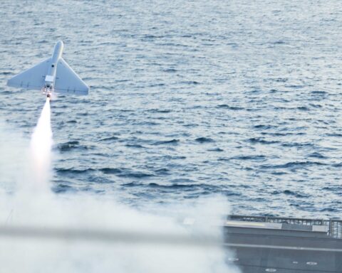 A LUCAS drone — the US reverse-engineered version of Iran's Shahed-136 loitering munition — launches from a naval vessel during testing. The Shahed-136 is the primary weapon used in attacks on Saudi Arabia from Iraqi territory.