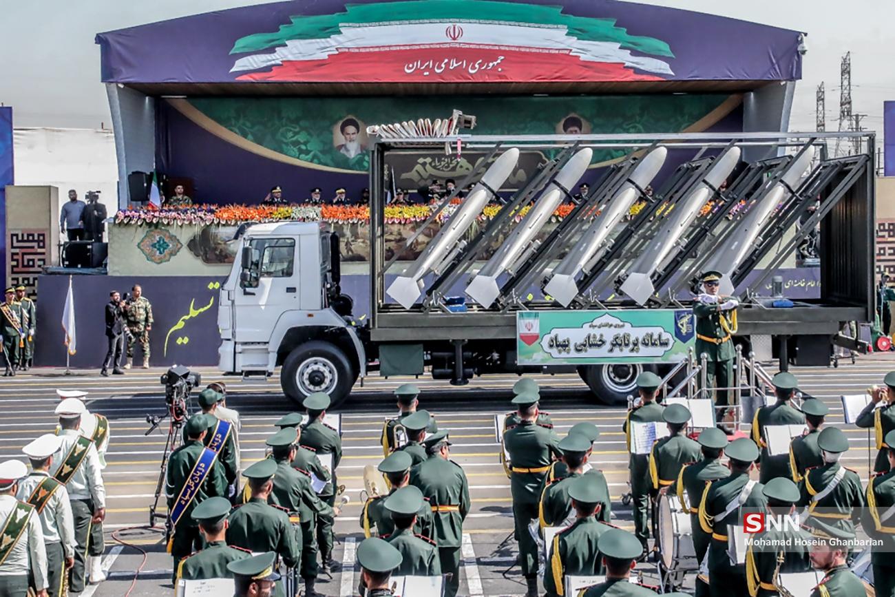 Truck-mounted Iranian drone launcher systems on display at the Sacred Defence Week parade in Tehran, 2023. Iran has transferred Shahed-136 production capability to Iraq-based militia groups.