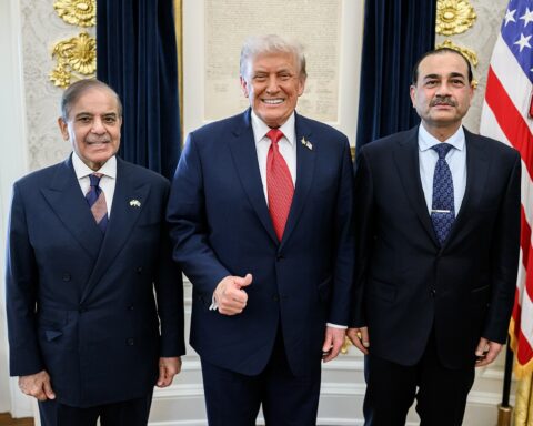 Pakistan Prime Minister Shehbaz Sharif and Field Marshal Asim Munir meet President Trump at the White House in September 2025, establishing the diplomatic partnership that underpins the Islamabad Process