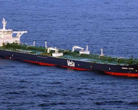 Saudi-owned VLCC Sirius Star supertanker underway at sea, operated by Vela International Marine, a Saudi Aramco subsidiary