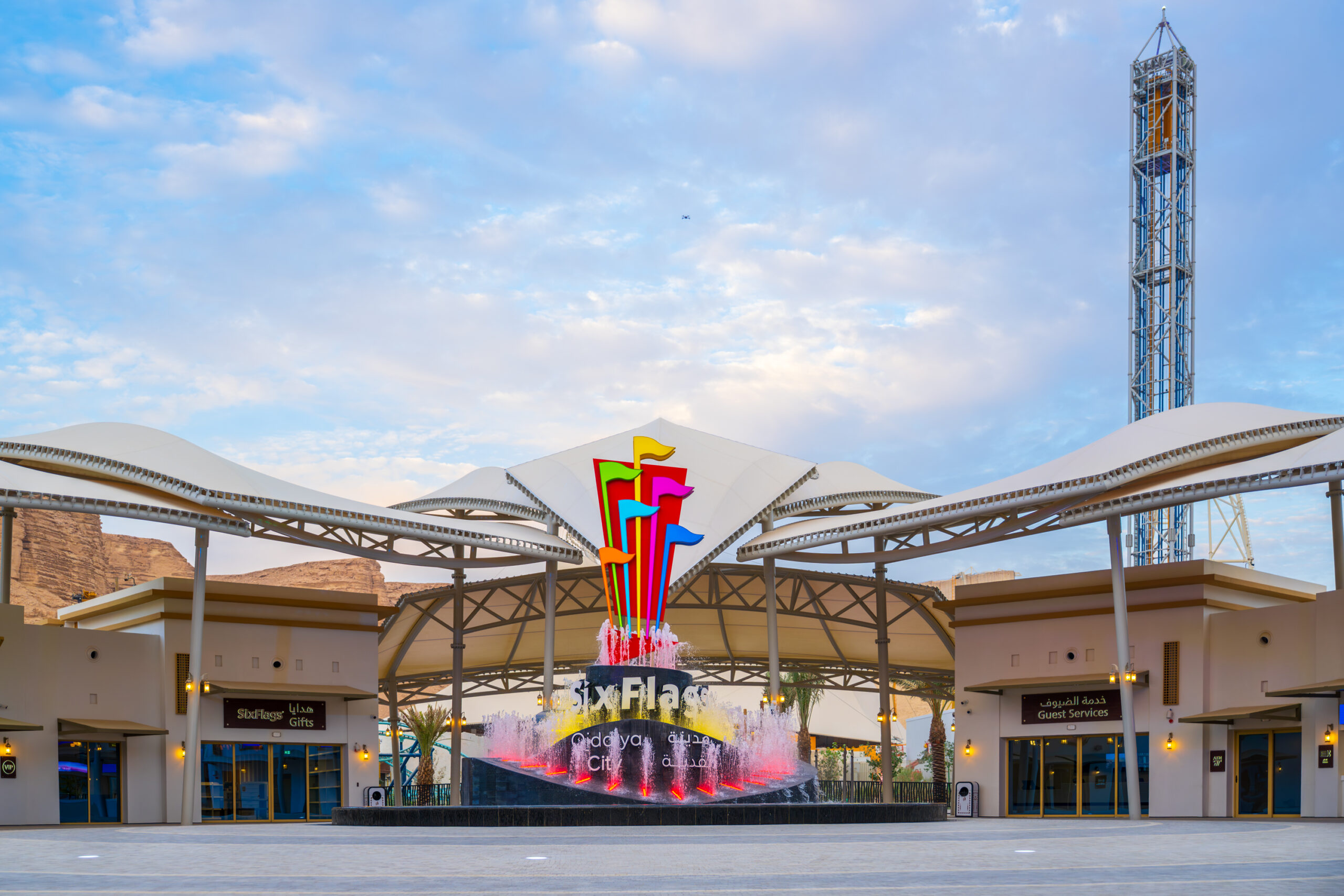 Aerial view of Six Flags Qiddiya City theme park complex near Riyadh