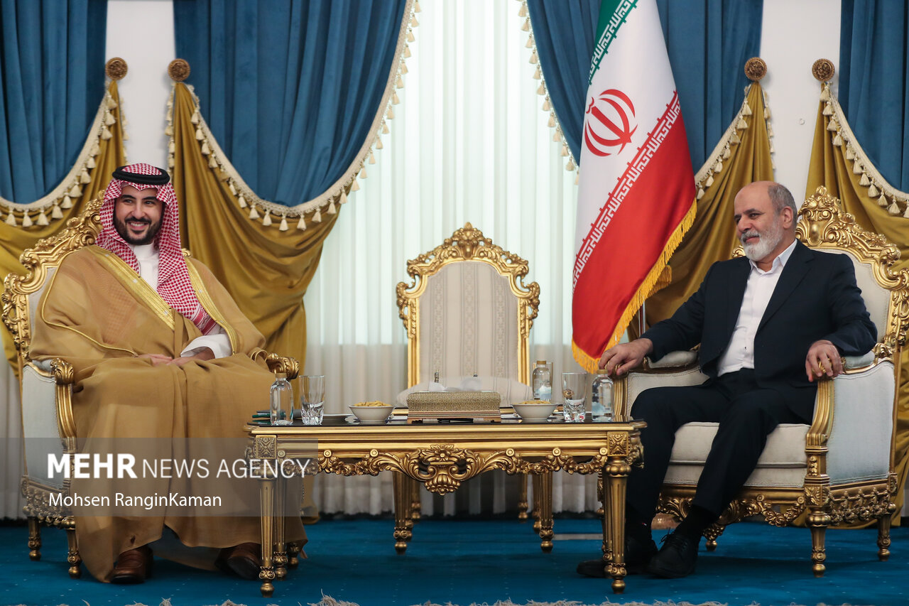 Saudi Defense Minister Khalid bin Salman meets Ali Akbar Ahmadian, Secretary of Iran Supreme National Security Council, April 2025. The SNSC secretary position is the institutional gatekeeper for Iranian security decisions.