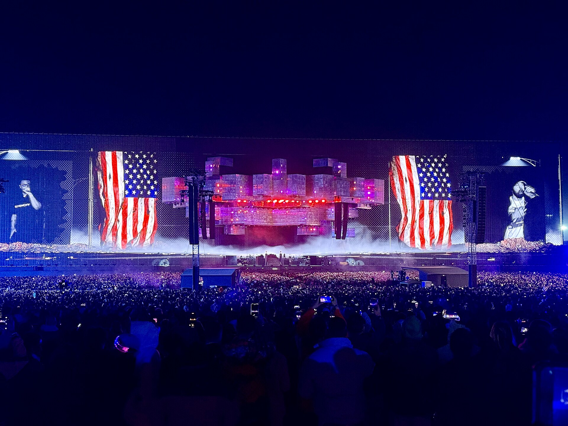 Main stage at the MDLBeast Soundstorm music festival in Riyadh, with tens of thousands of attendees and dramatic concert lighting