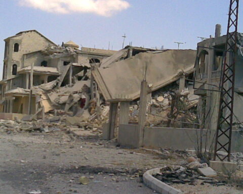 Destroyed residential building in South Lebanon after Israeli airstrike, summer 2006