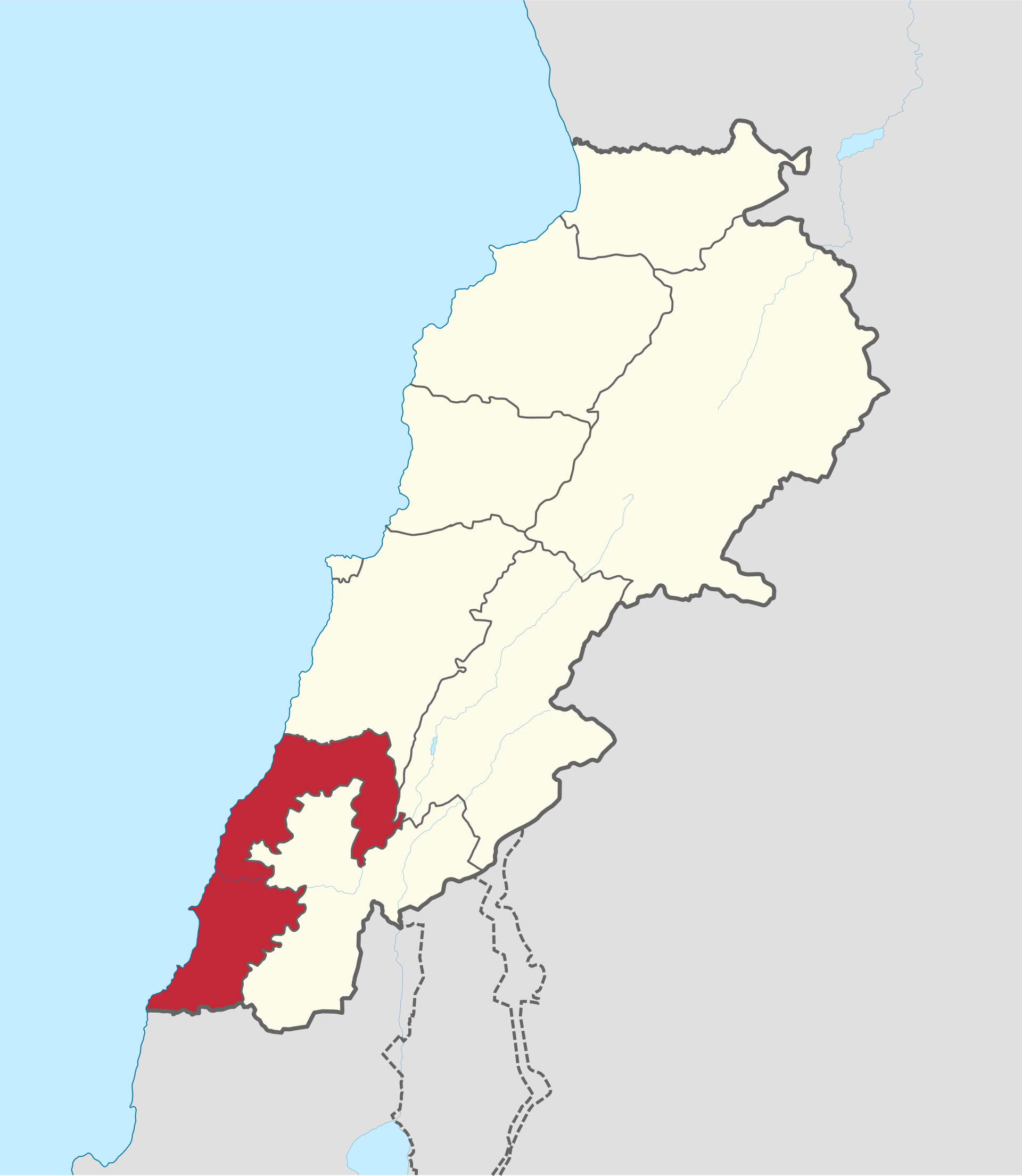 Map showing South Lebanon Governorate highlighted within Lebanon, bordering Israel to the south