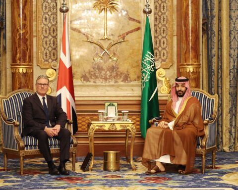 UK Prime Minister Keir Starmer meets Crown Prince Mohammed bin Salman in Jeddah, April 2026, with UK and Saudi flags visible