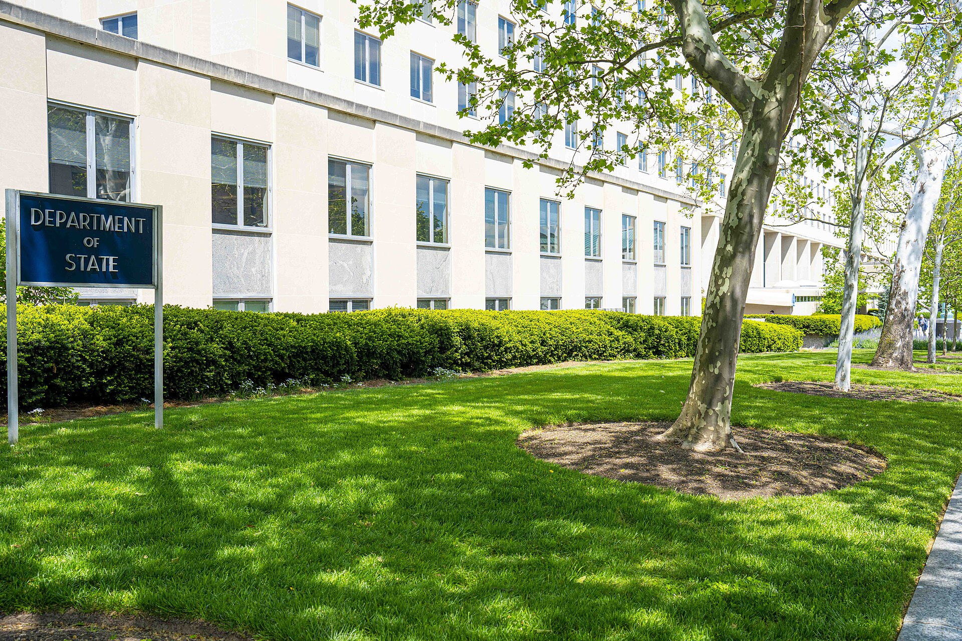 Exterior of the US Department of State Harry S. Truman Building, Washington D.C., showing the Department of State sign