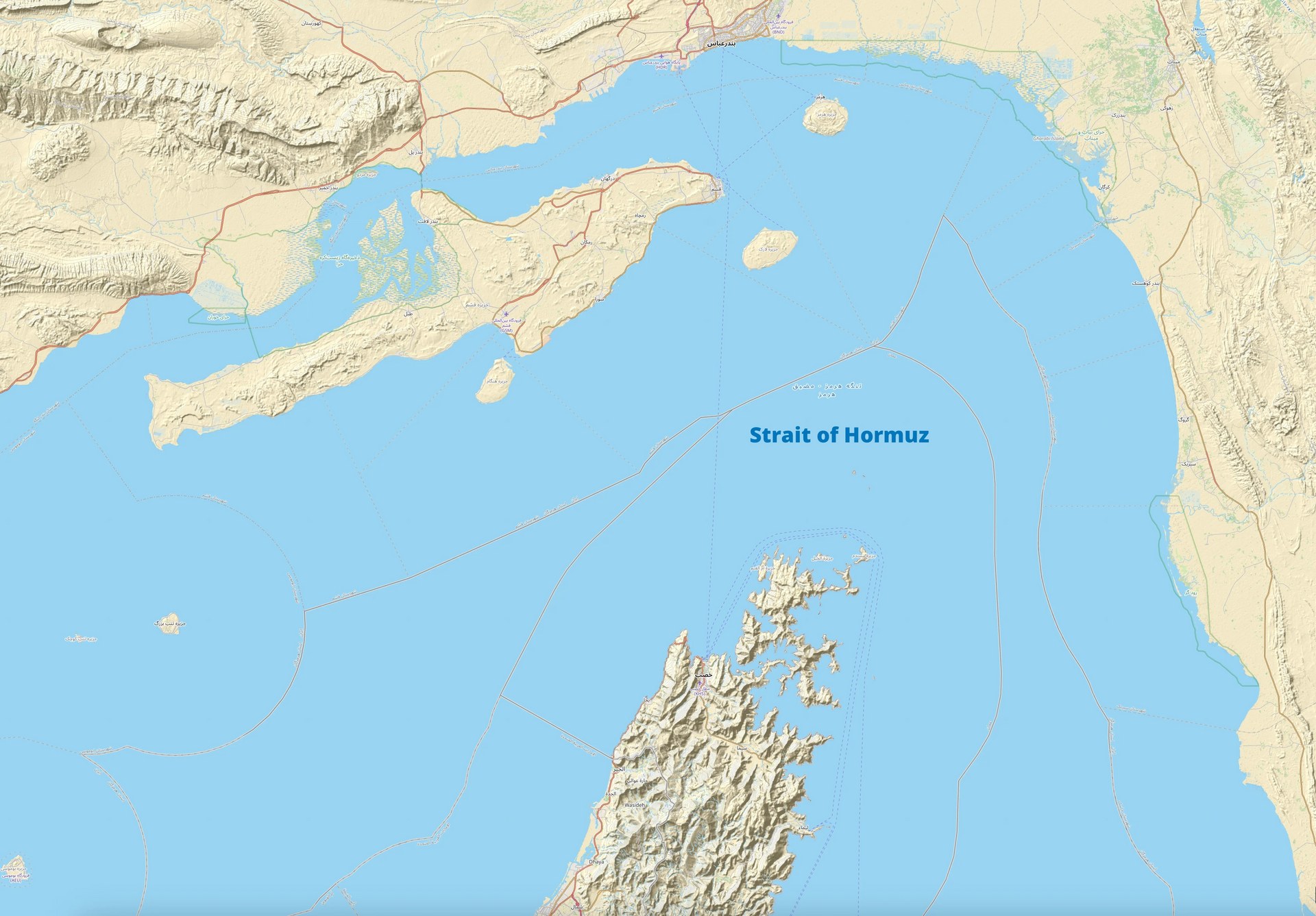 Map of the Strait of Hormuz showing the narrow waterway between Iran to the north and Oman to the south, through which approximately 20 percent of global oil supplies transit