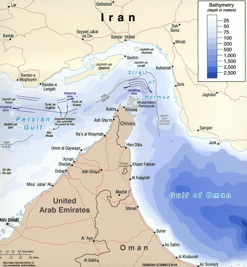 Strait of Hormuz bathymetric map showing Iran shipping lanes Persian Gulf Gulf of Oman