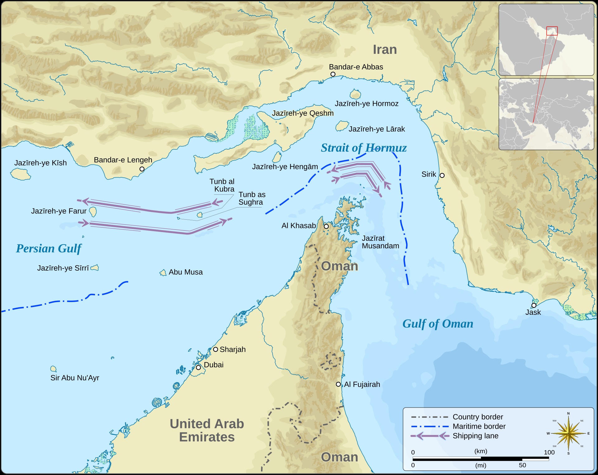 Map of the Strait of Hormuz showing the 21-nautical-mile chokepoint, shipping lanes, Iranian coastal positions, and surrounding UAE and Oman territory
