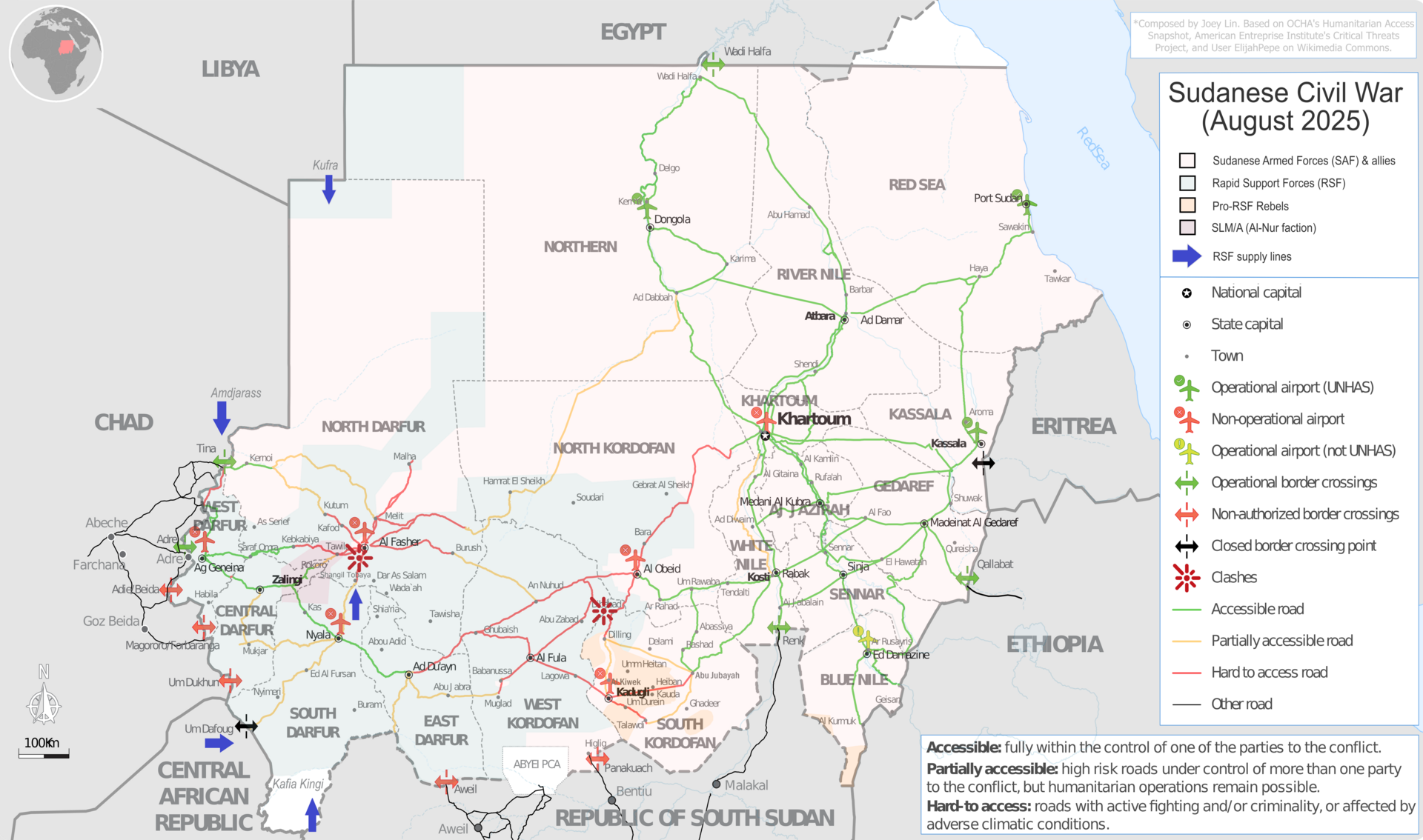 Sudanese Civil War map August 2025 showing SAF and RSF territorial control — Saudi Arabia backs the SAF while the UAE channels support to the RSF through Darfur gold networks