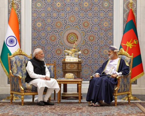 Sultan Haitham bin Tariq Al Said of Oman in bilateral meeting at Al Baraka Palace, Muscat — the same venue where Araghchi met the Sultan on April 26, 2026, anchoring Iran’s Gulf security framework proposal in the strait’s southern littoral state