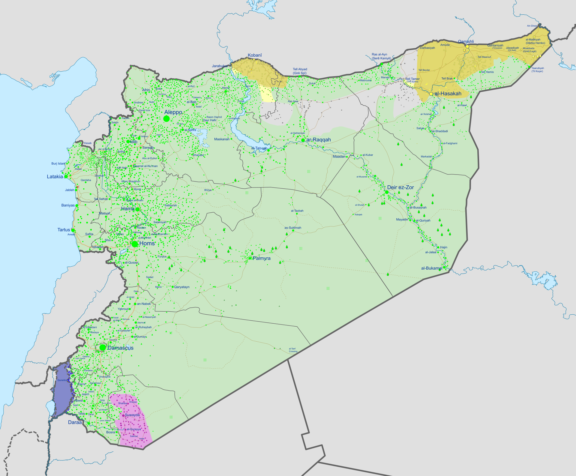 Map of Syrian territorial control in 2025 showing HTS-led government control across most of the country after Assads fall in December 2024