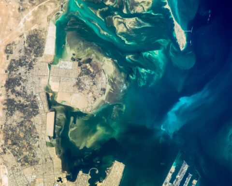 ISS photograph of Tarout Bay, Saudi Arabia, showing Ras Tanura oil terminal peninsula and tanker berths from orbit. Photo: NASA / Public Domain