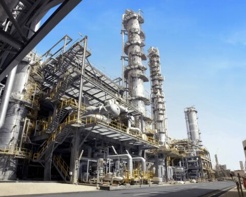 Distillation columns and process towers at a TASNEE petrochemical facility in Jubail Industrial City, Saudi Arabia — one of the largest integrated chemical complexes in the world