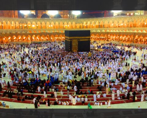 Tens of thousands of Hajj pilgrims perform tawaf — circling the Kaaba — at Masjid al-Haram in Mecca at night, the holiest ritual in Islam