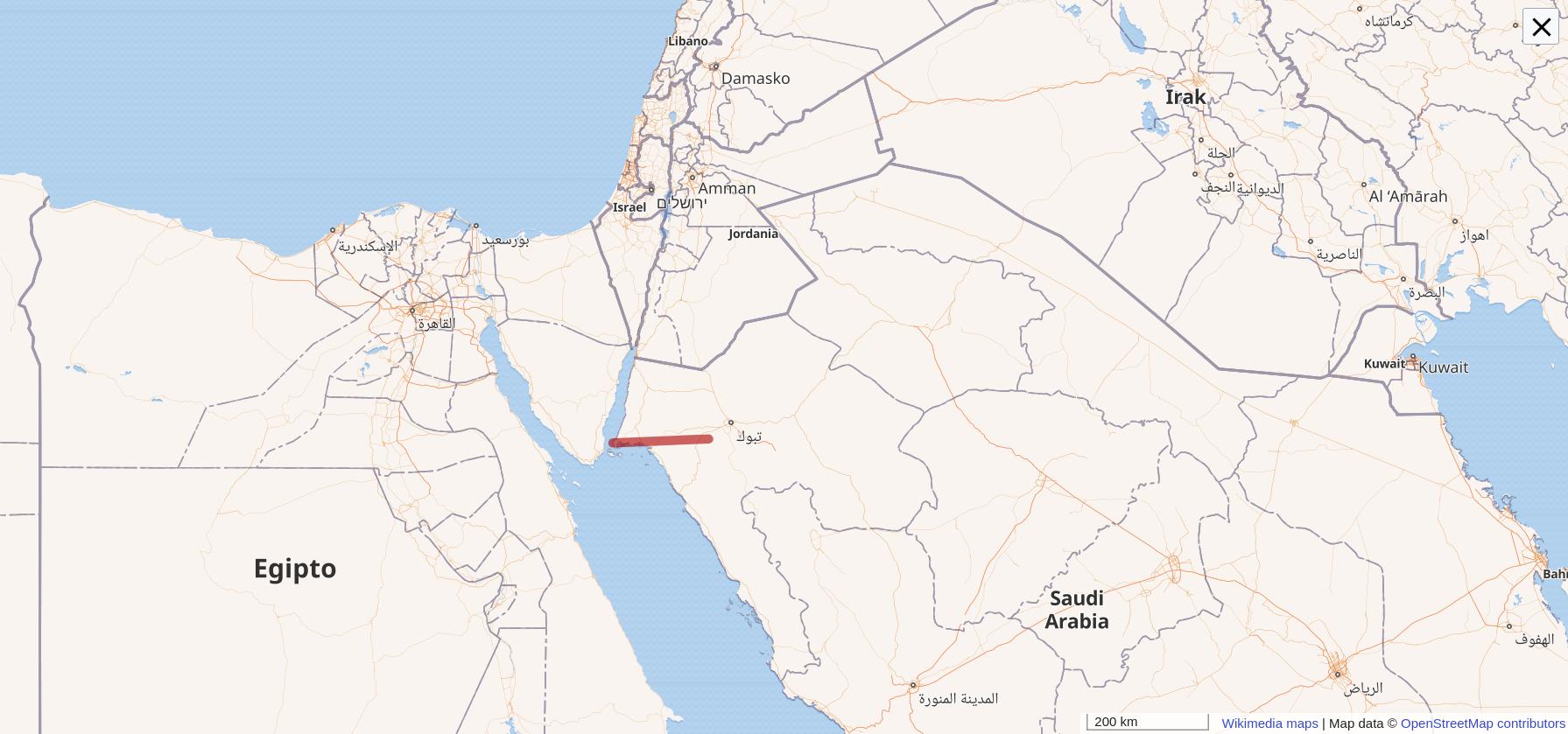 Map showing The Line's planned 170-kilometre route across northwestern Saudi Arabia in Tabuk Province