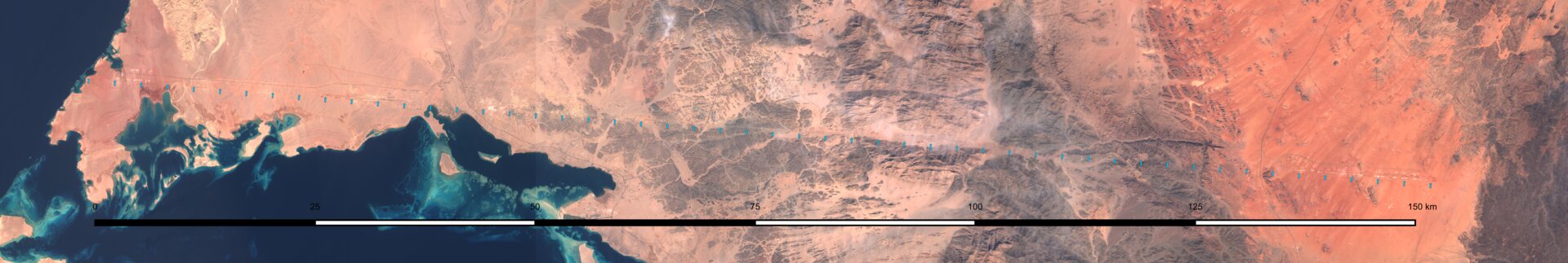 Sentinel-2 satellite mosaic showing The Line NEOM excavation progress as of October 2022, with 150km scale bar revealing almost no visible construction along the planned 170km route