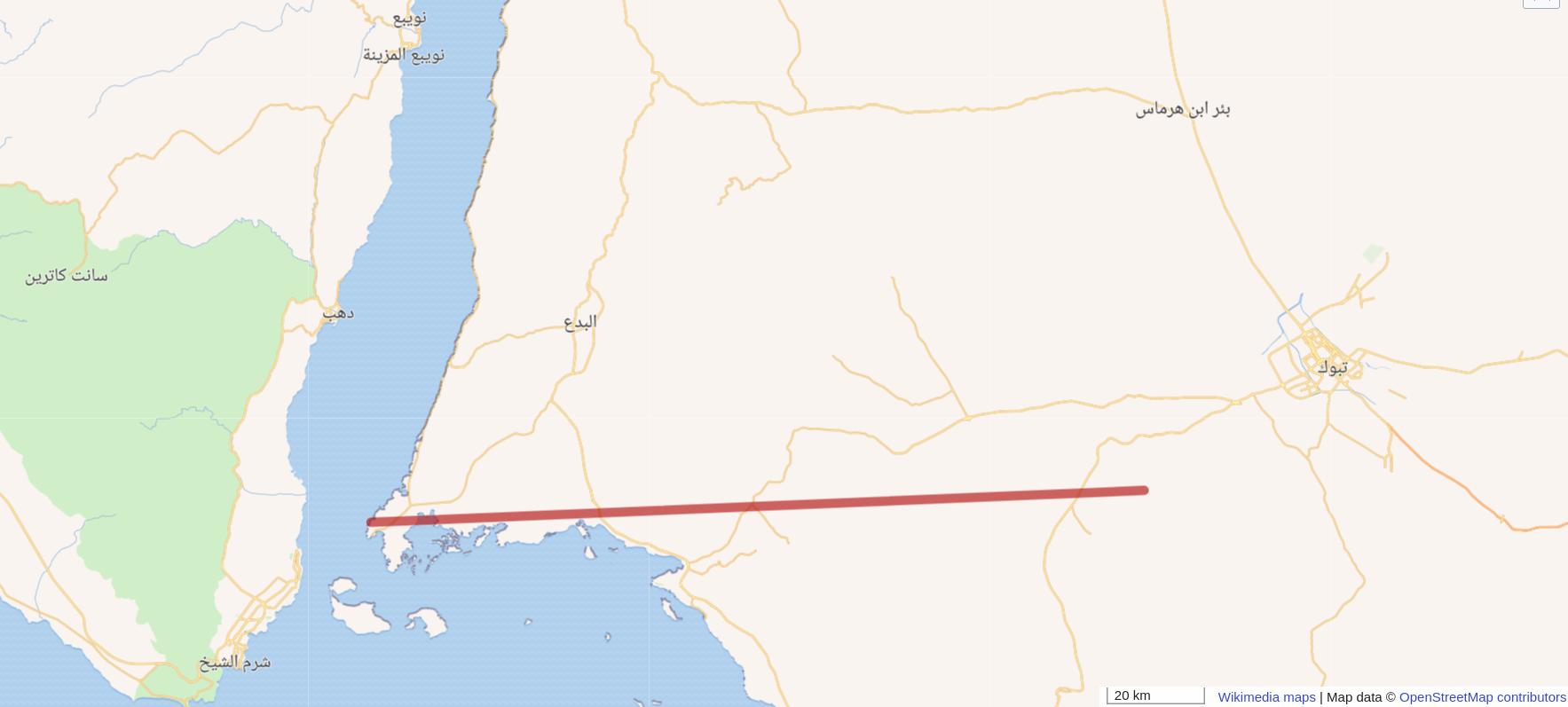 Map showing the planned route of The Line from the Red Sea coast to Tabuk city in northwest Saudi Arabia