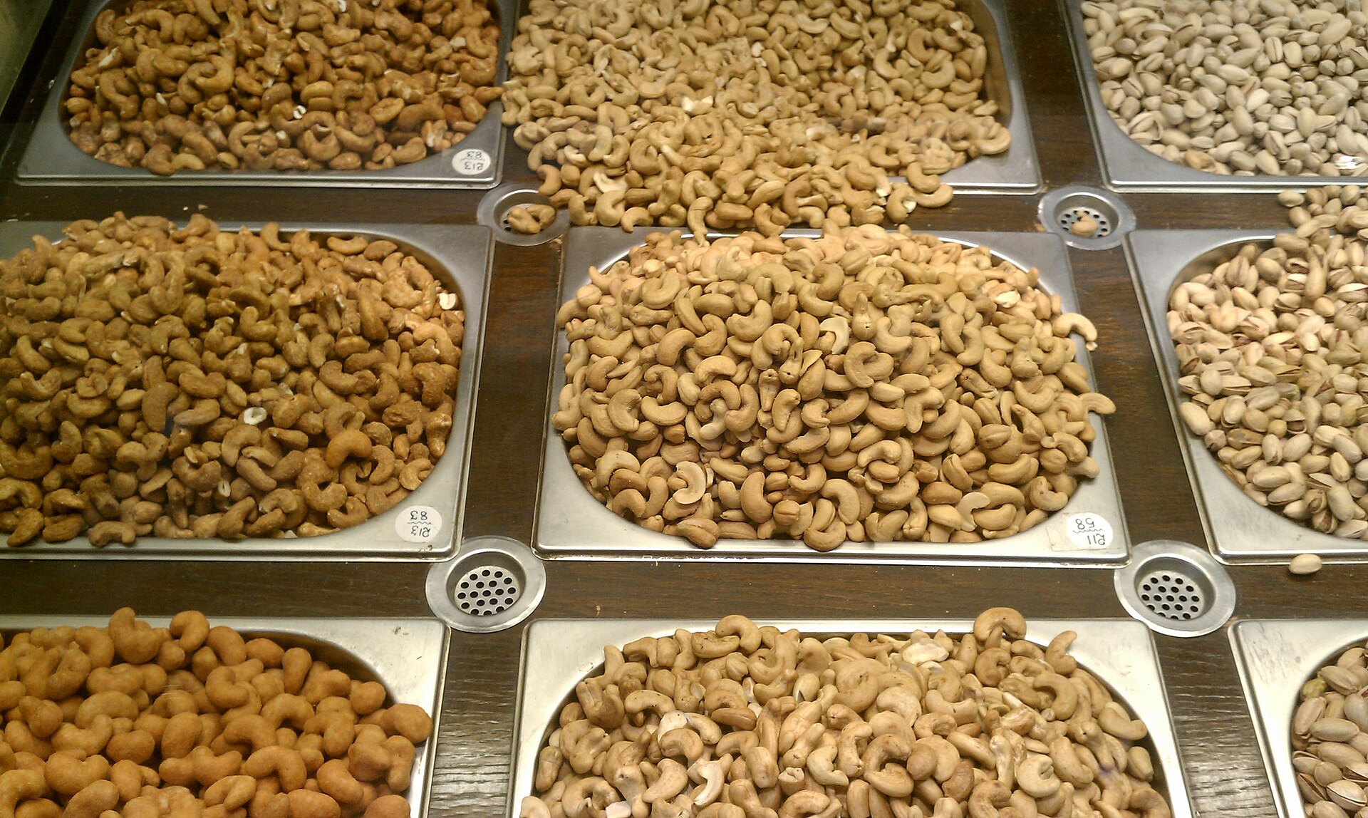 Cashews and pistachios displayed for sale at a traditional souk in Jeddah, Saudi Arabia