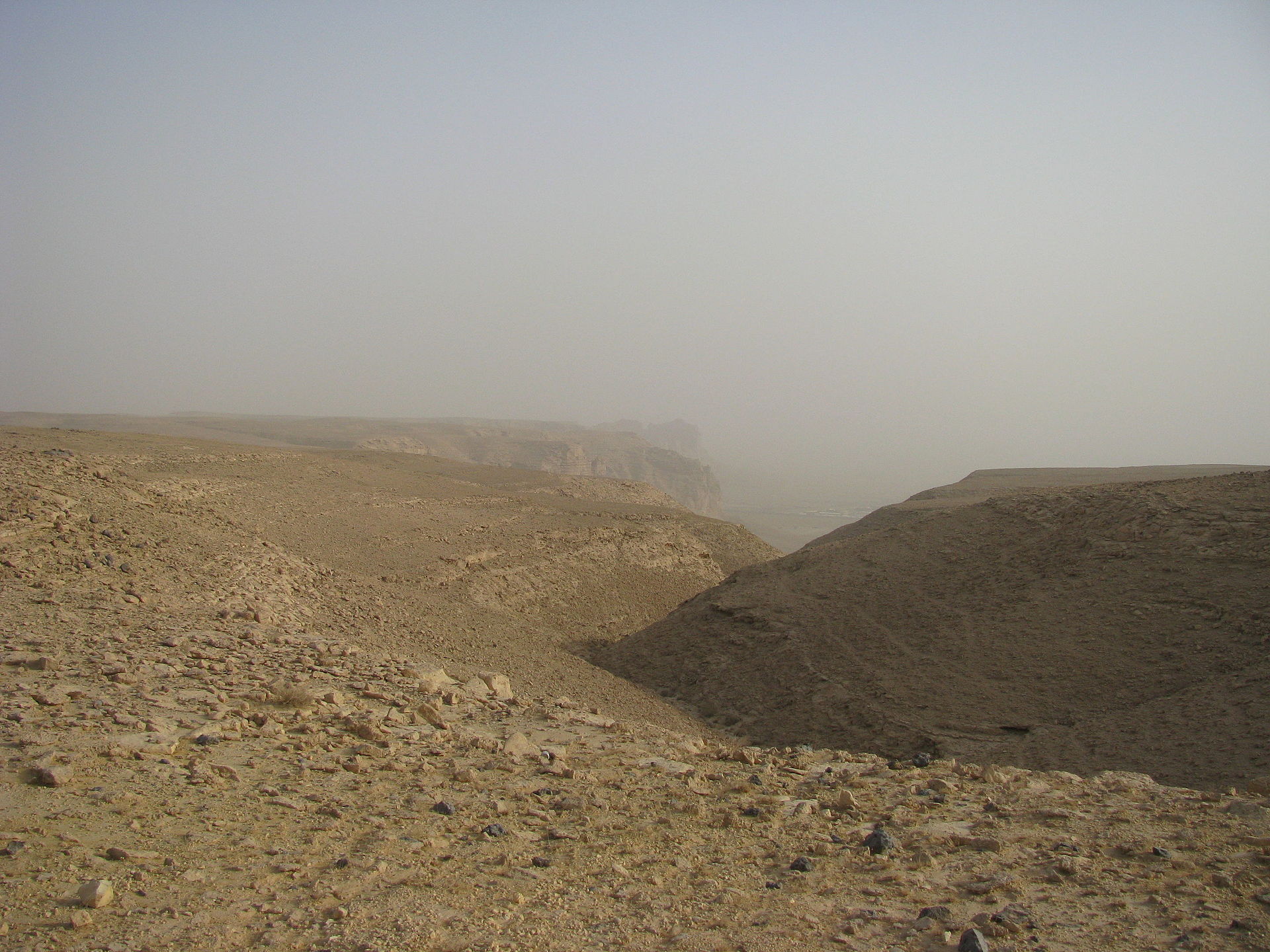 The dramatic cliffs of the Tuwaiq Escarpment stretching into the desert haze near Riyadh