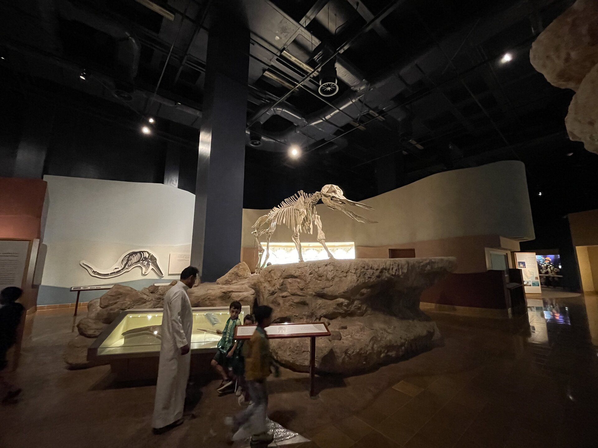 Visitors viewing the Platybelodon skeleton in the Hall of Man and the Universe at the National Museum of Saudi Arabia