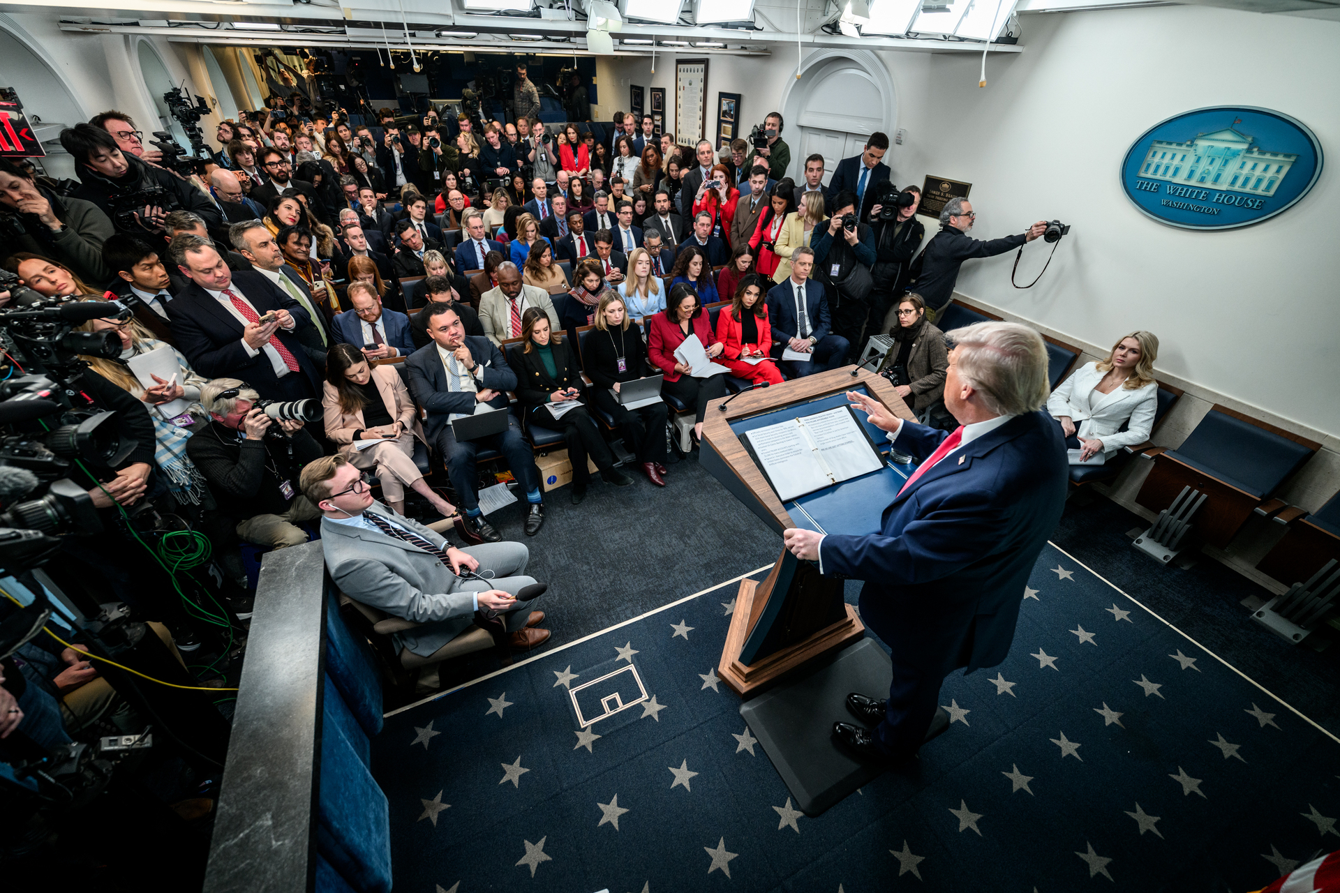 President Trump addresses the White House press corps in the Brady Press Briefing Room, January 20, 2026