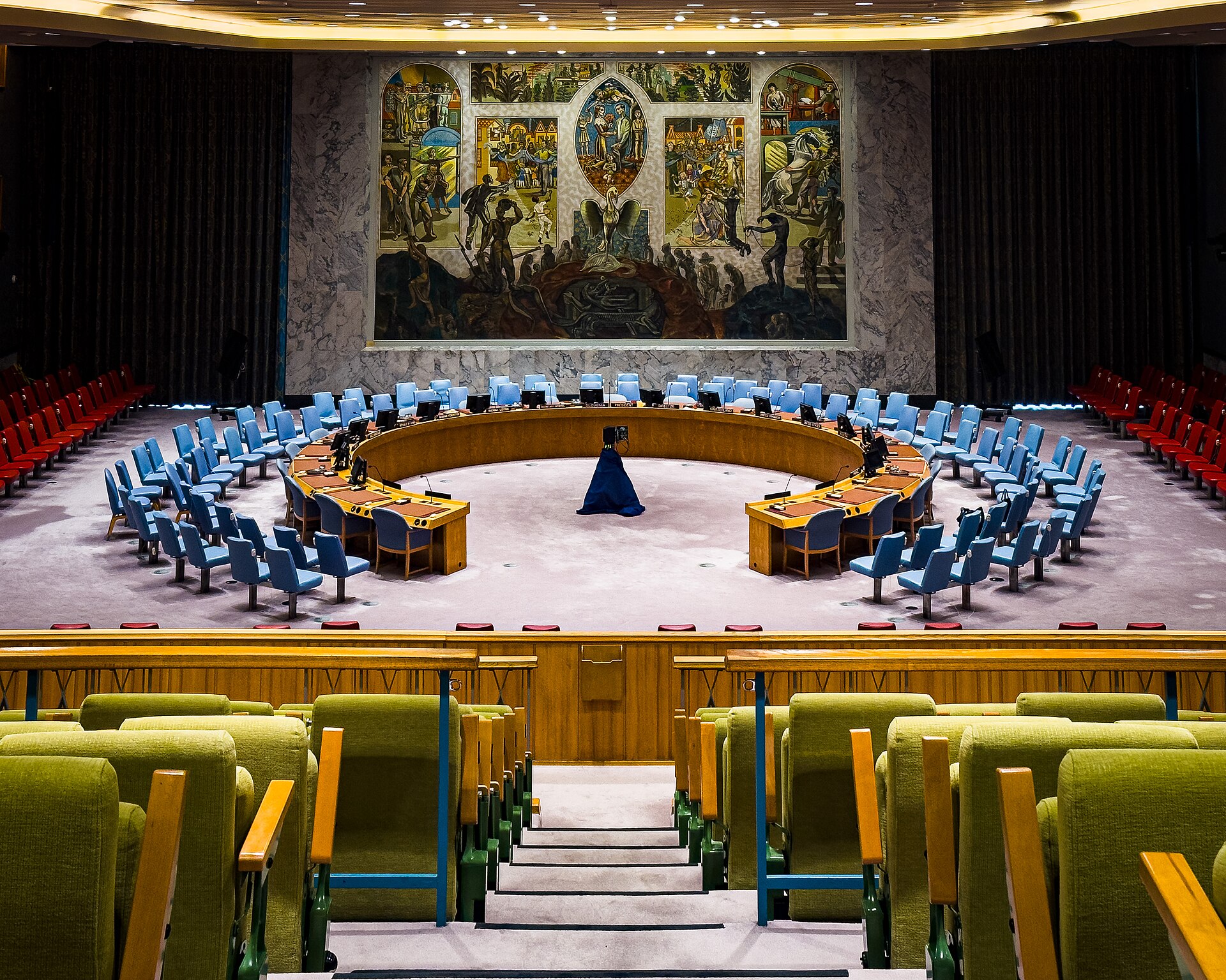 UN Security Council chamber at United Nations Headquarters in New York, showing the horseshoe table arrangement and Per Krohg mural